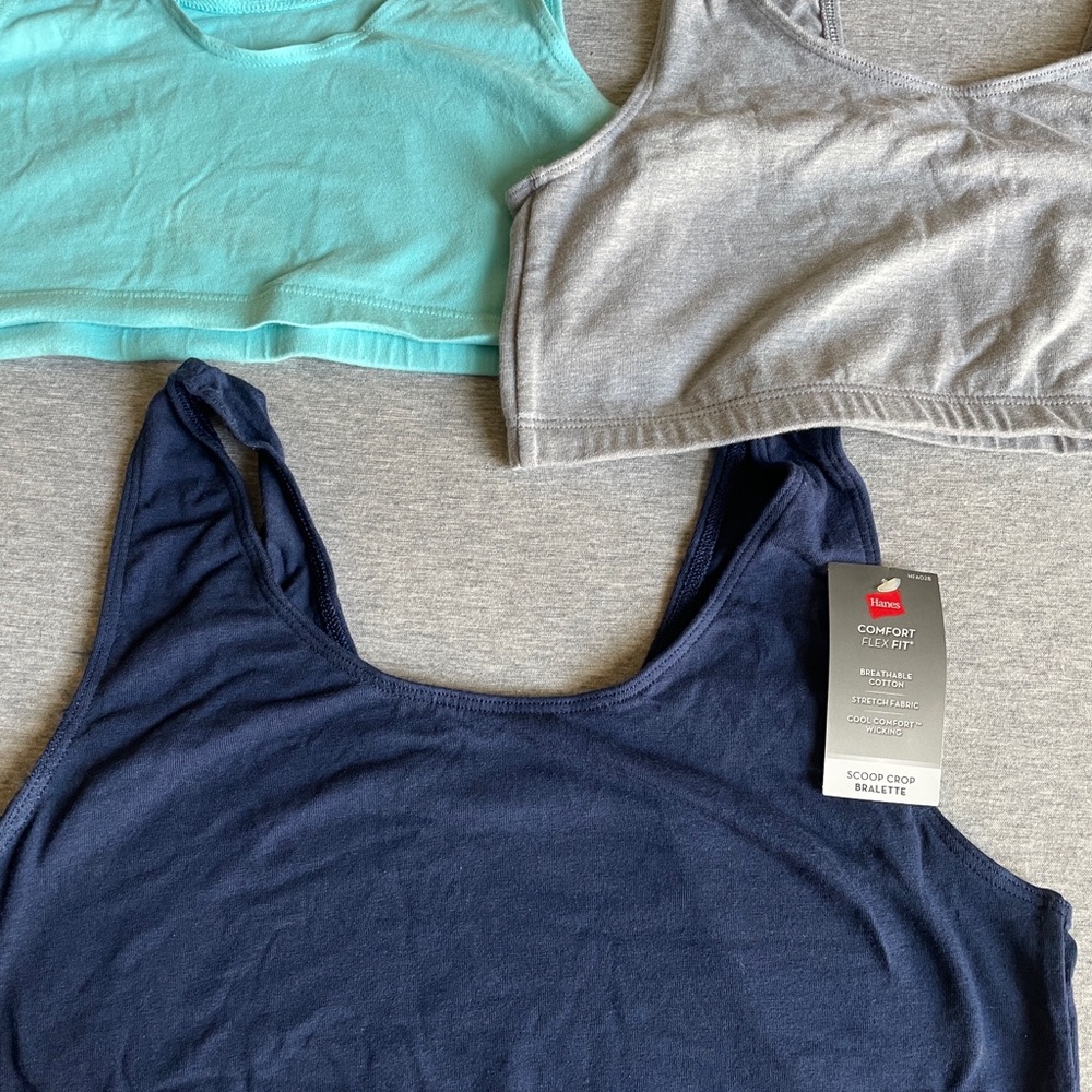 Hanes Scoop Crop Bralettes in Navy, Mint, and Light Gray